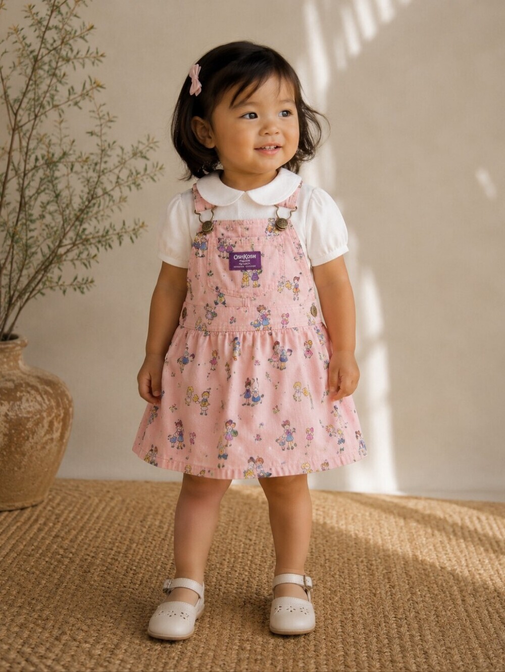 Vintage OshKosh B'gosh Pink Jumper Dress 2T Beach Print Overall Pinafore 90s